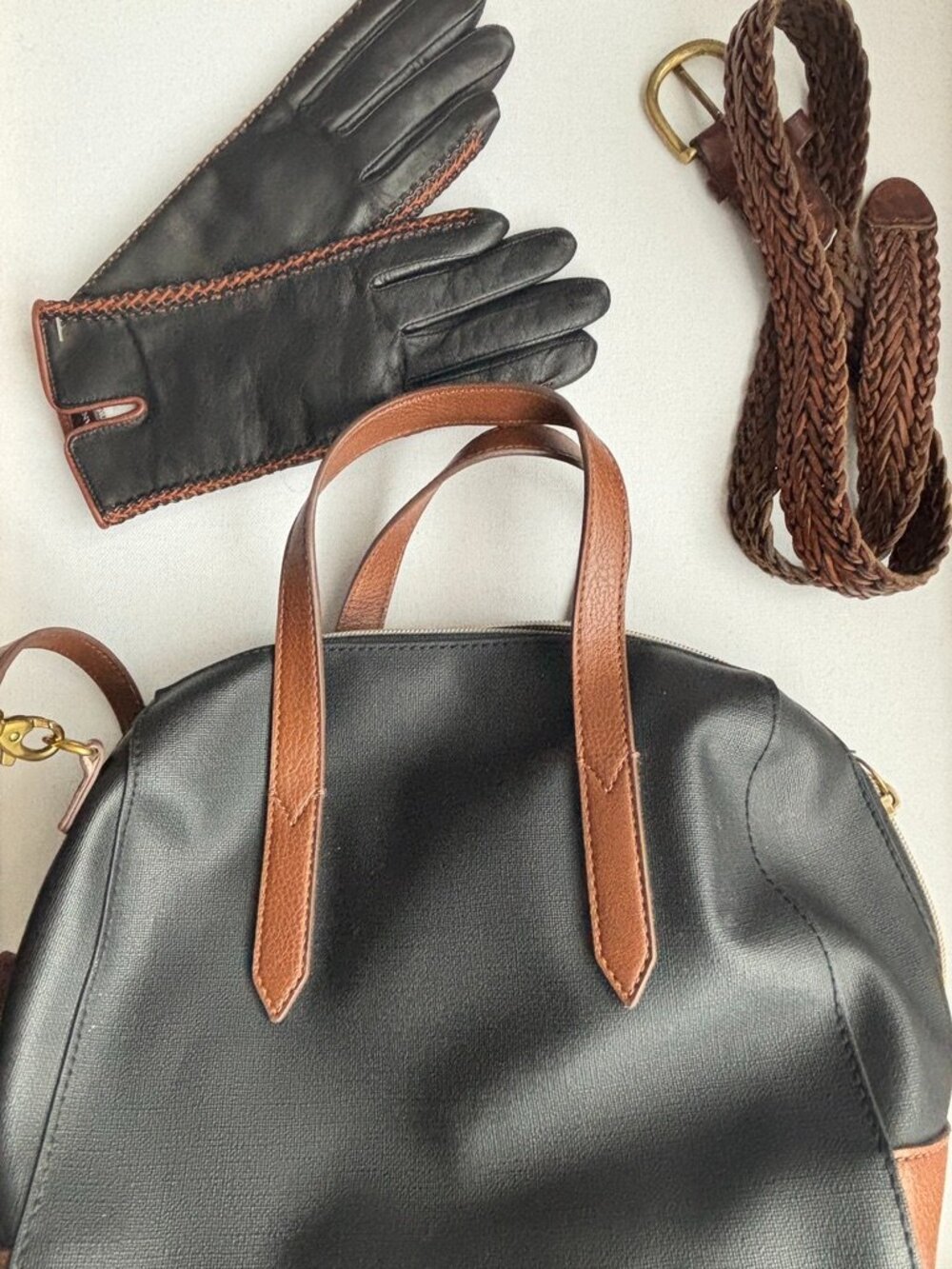 Fossil Black & Brown Handbag Set | New Vintage Danier Leather Gloves Small - Picture 6 of 7